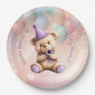 Teddy Bear 1st Birthday Colourful Balloons Paper Plate
