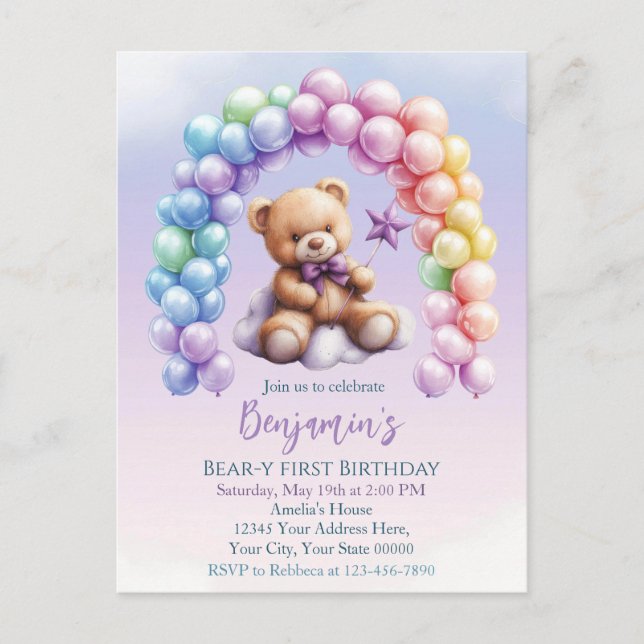 Teddy Bear 1st Birthday Colourful Balloons Postcard (Front)