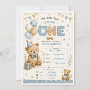 Teddy Bear 1st Birthday Invitation Custom Boy Bi