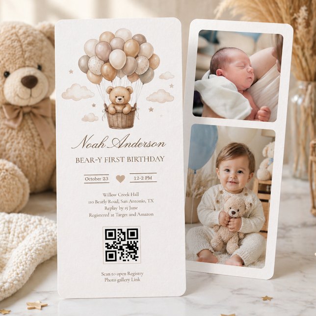 Teddy Bear 1st Birthday | Neutral Boho Theme QR  Invitation (Creator Uploaded)