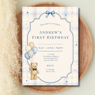Teddy Bear 1st First Birthday Baby Boy Invitation