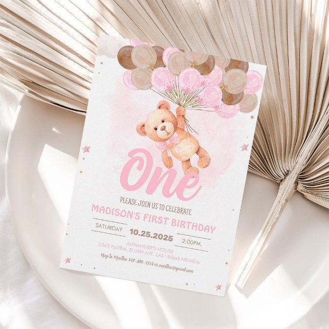 Teddy Bear 1st Girl Bear Themed Birthday Invitation (Creator Uploaded)
