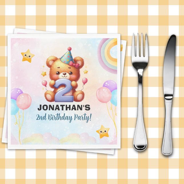 Teddy Bear 2nd Birthday Party Napkins | Watercolor (Creator Uploaded)
