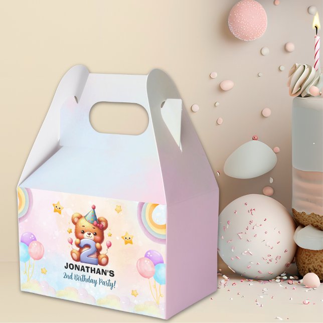 Teddy Bear 2nd Birthday Party | Rainbow & Balloons Favor Box (Creator Uploaded)