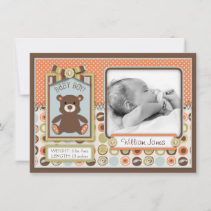 Teddy Bear 3D-look Bow & Button Birth Announcement