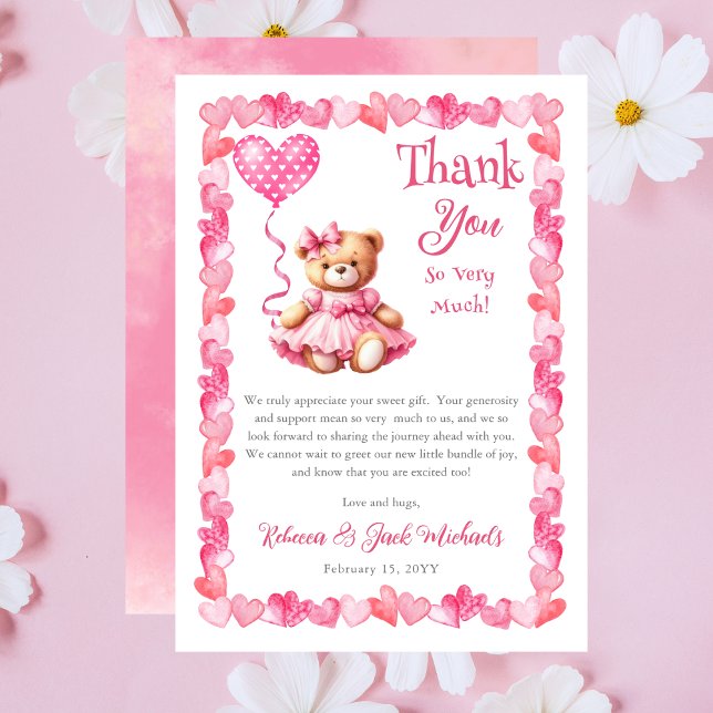 Teddy Bear A Little Sweetheart Girl Baby Shower Thank You Card (Pink Hearts | Teddy Bear "A Little Sweetheart Is On The Way" Girl Baby Shower Thank You Card)