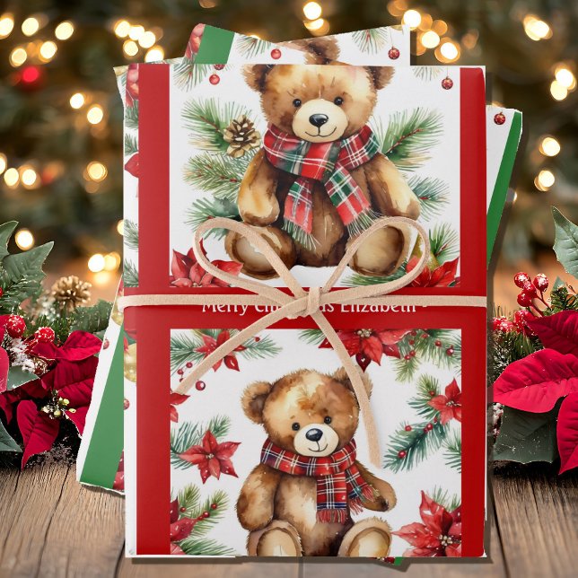 Teddy Bear Add Name Cute Christmas 3 Wrapping Paper Sheet (Creator Uploaded)