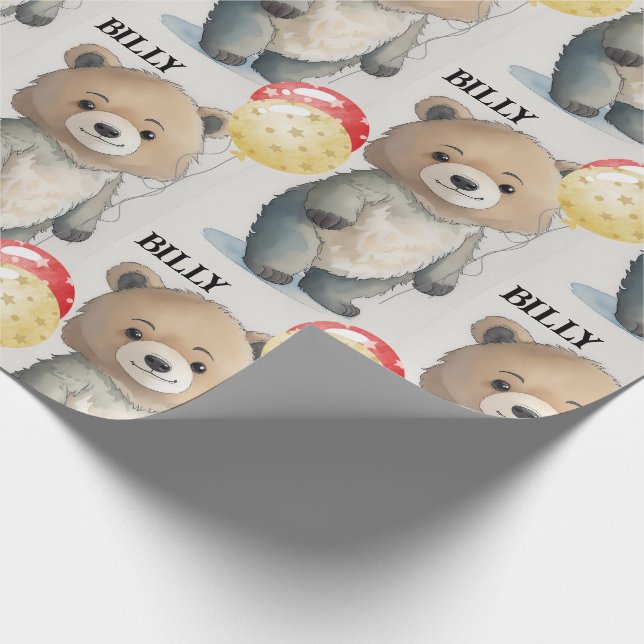 Teddy Bear Add Name Kids Cute Birthday Wrapping Paper (Corner)