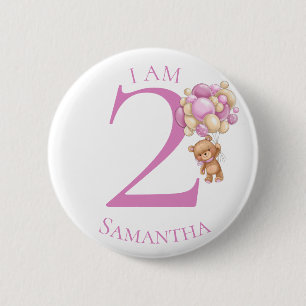 Teddy Bear  Adventure  PINK BIRTHDAY NUMBER 2 Inch Round Button