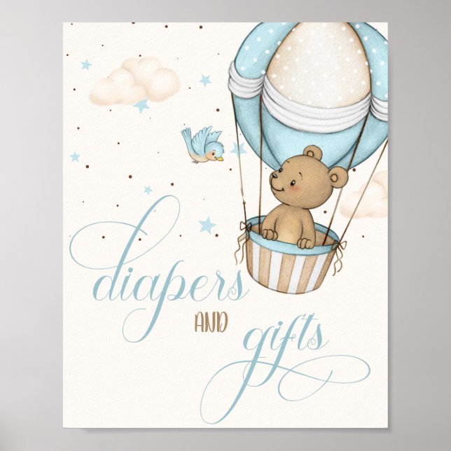 Teddy Bear Air Balloon  Baby Shower Diapers & Gift Poster (Front)