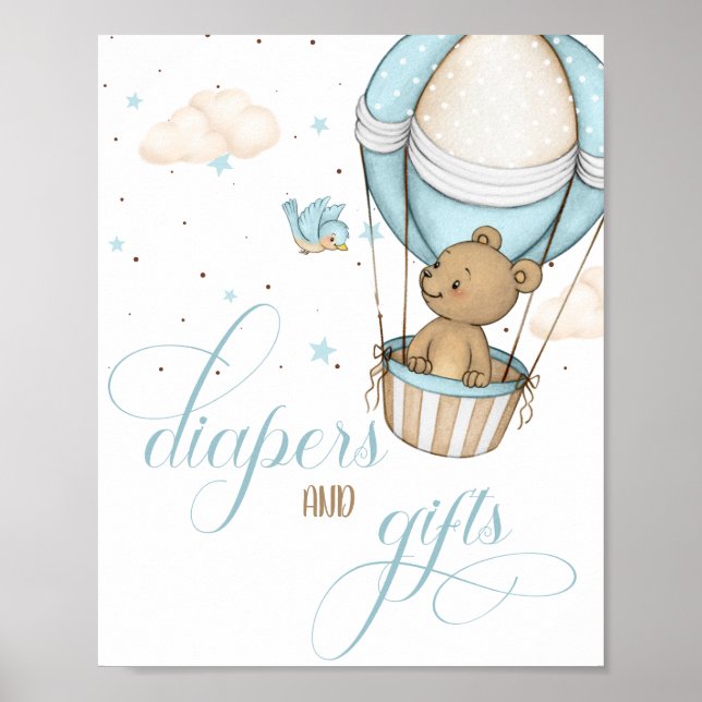 Teddy Bear Air Balloon  Baby Shower Diapers & Gift Poster (Front)