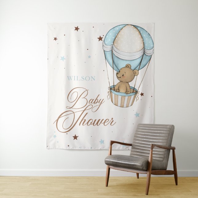 Teddy Bear Air Hot Balloon Bearly Wait Baby Shower Tapestry (In Situ)
