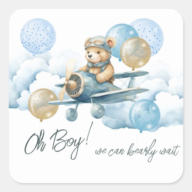 Teddy Bear Air Plane Baby Shower Square Sticker (Front)