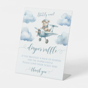 Teddy bear airplane baby boy shower diaper raffle pedestal sign