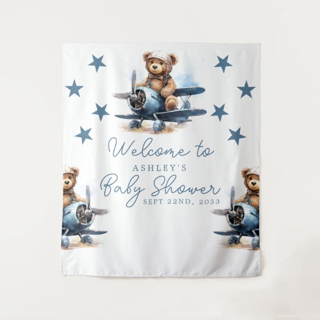 Teddy Bear Airplane Baby Shower Backdrop Tapestry (Front)