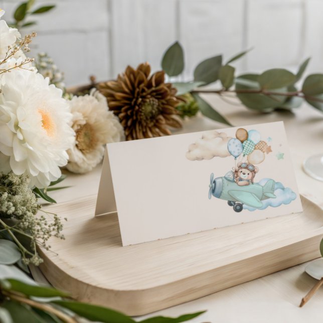 Teddy Bear Airplane Baby Shower Folded Place Card (Aviator Teddy Bear Baby Shower Place Card. Blue Boy Airplane. We Can Bearly Wait.)