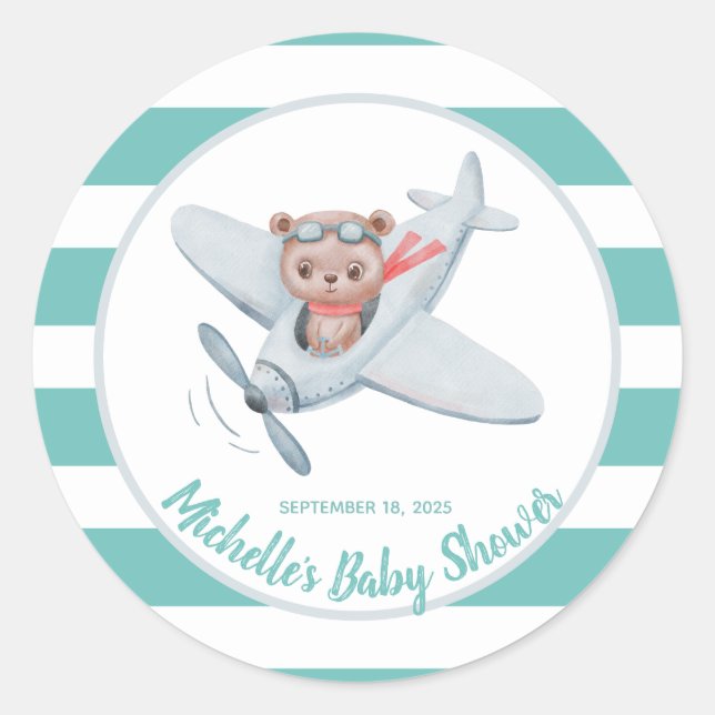 Teddy Bear Airplane Baby Shower Gender Neutral   Classic Round Sticker (Front)