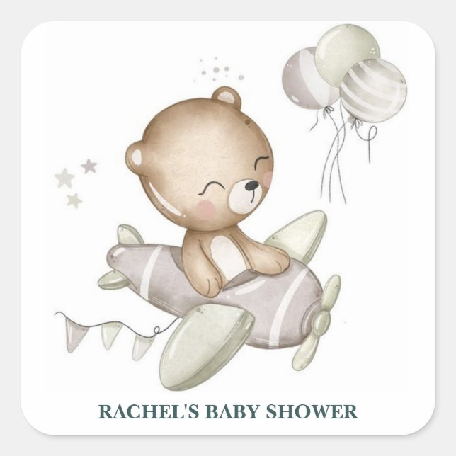 Teddy Bear Airplane Baby Shower Sticker (Front)