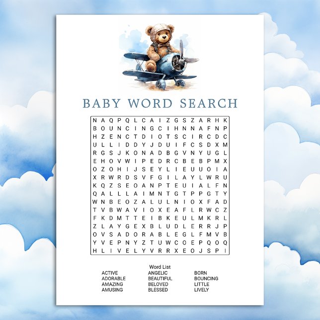 Teddy Bear Airplane Baby Shower Word Search Game Invitation (Creator Uploaded)