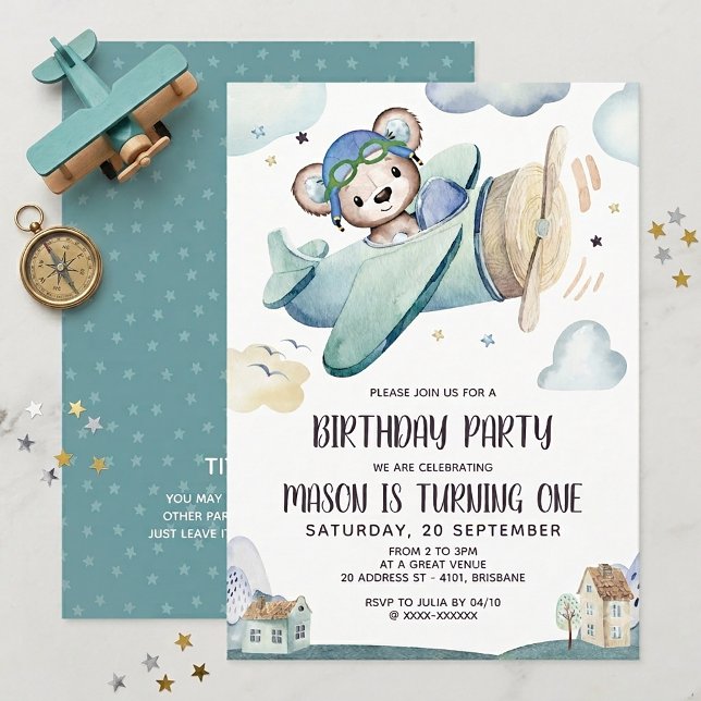 Teddy Bear Airplane Birthday Invitation (Creator Uploaded)