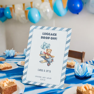 Teddy Bear Airplane Boy Baby Shower Cards & Gifts Pedestal Sign