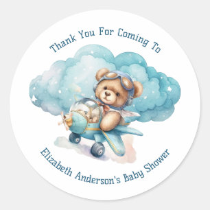 Teddy Bear Airplane Boy Baby Shower Classic Round Sticker