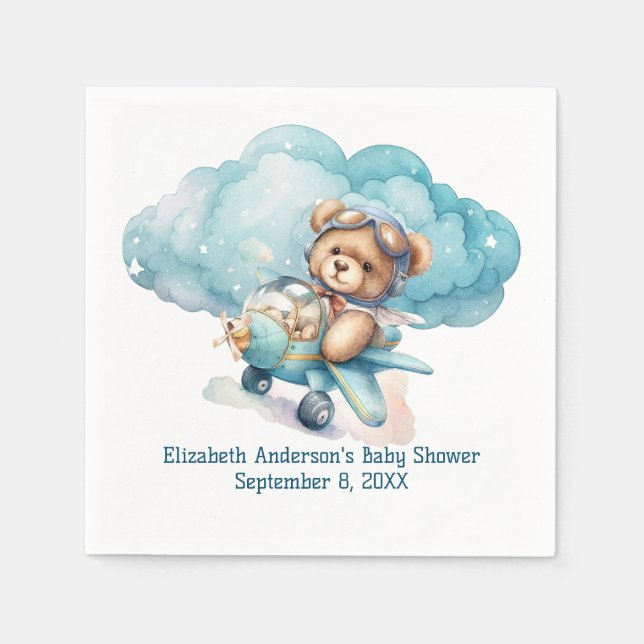 Teddy Bear Airplane Boy Baby Shower Napkin (Front)
