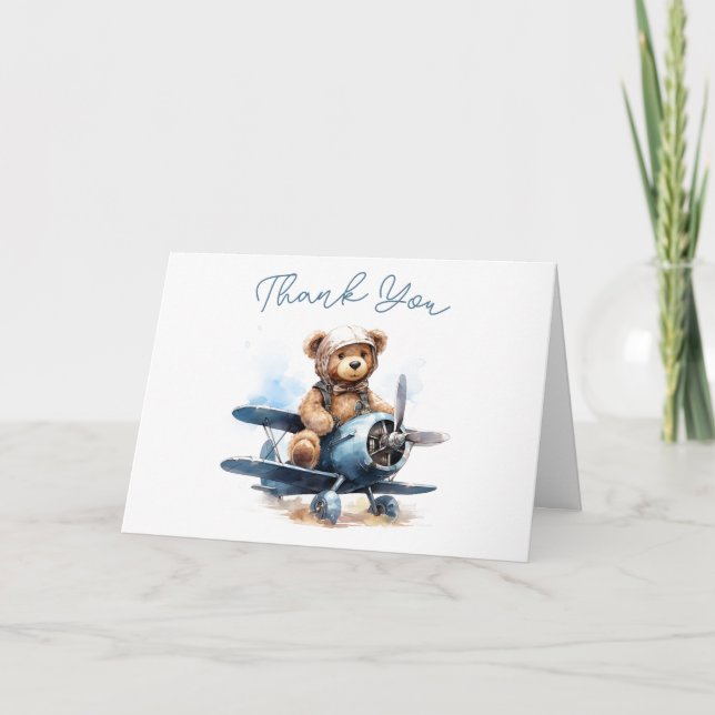 Teddy Bear Airplane Watercolor Baby Thank You Card (Front)