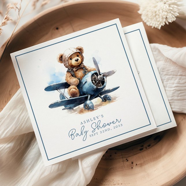 Teddy Bear Airplane Watercolor Boy Baby Shower Napkin (Creator Uploaded)