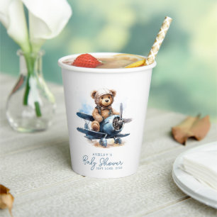 Teddy Bear Airplane Watercolor Boy Baby Shower Paper Cups
