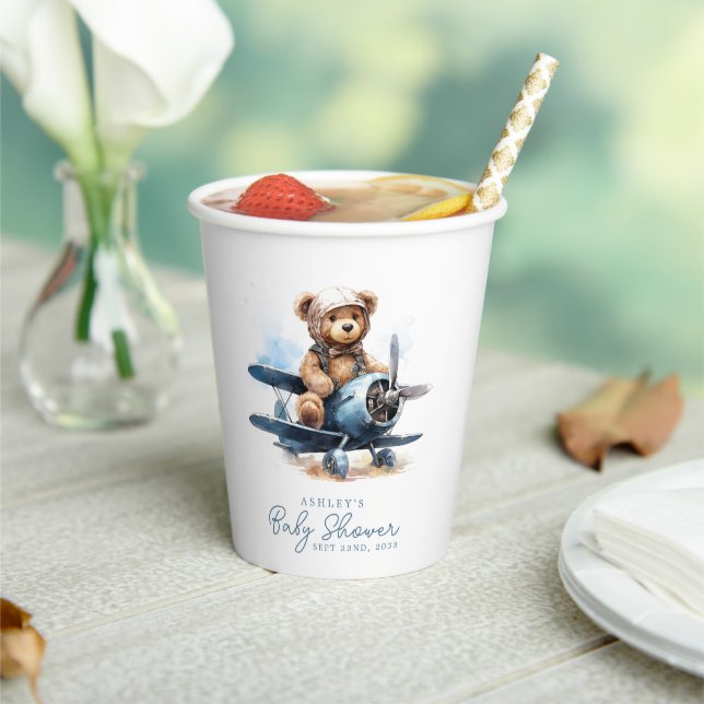Teddy Bear Airplane Watercolor Boy Baby Shower Paper Cups (Insitu)