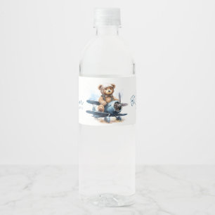 Teddy Bear Airplane Watercolor Boy Baby Shower Water Bottle Label