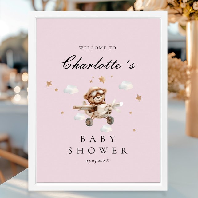 Teddy Bear & Airplane Welcome Baby Shower Poster (Personalized Teddy Bear & Airplane Welcome Baby Shower Poster)