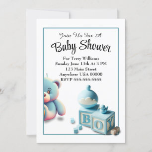 Teddy Bear and Baby Blocks Boy Baby Shower Invitation