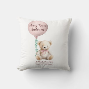 Teddy Bear and Balloon Girl Birth Date Stats  Throw Pillow