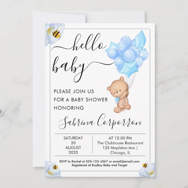 Teddy Bear and Balloons Boy Baby shower Invitation (Front)