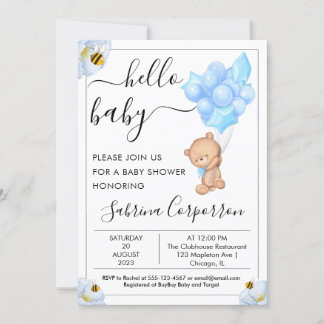 Teddy Bear and Balloons Boy Baby shower Invitation