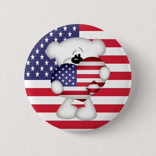 Teddy Bear and Big USA Flag Heart 2 Inch Round Button (Front)