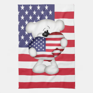 Teddy Bear and Big USA Flag Heart Kitchen Towel