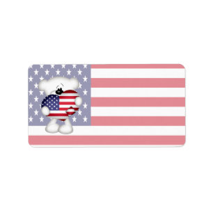 Teddy Bear and Big USA Flag Heart Label