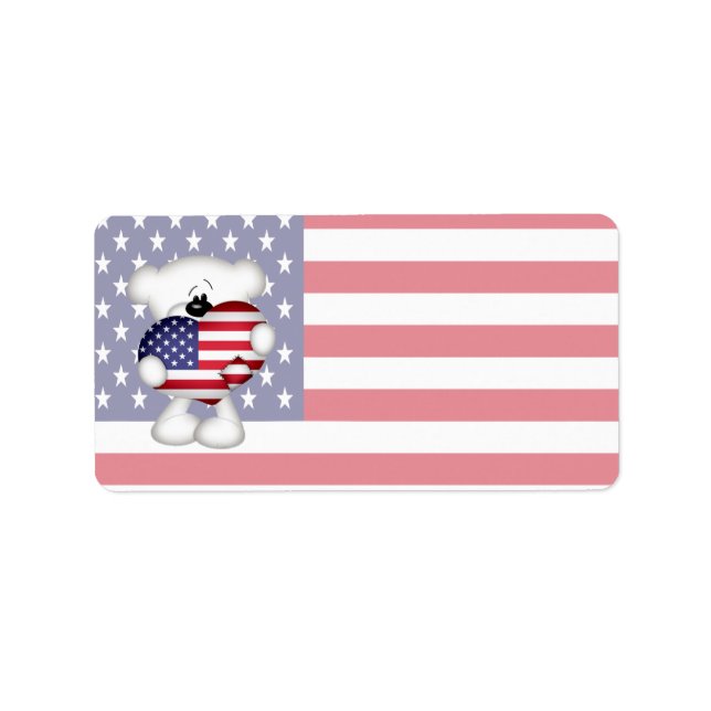 Teddy Bear and Big USA Flag Heart Label (Front)