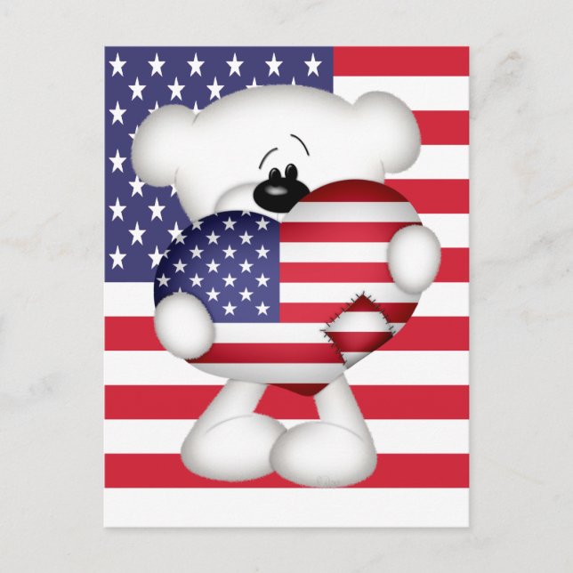 Teddy Bear and Big USA Flag Heart Postcard (Front)