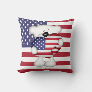 Teddy Bear and Big USA Flag Heart Throw Pillow