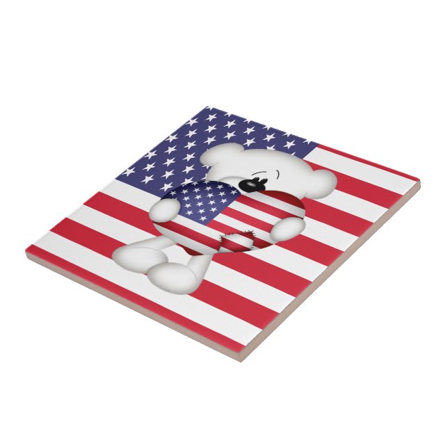 Teddy Bear and Big USA Flag Heart Tile (Side)