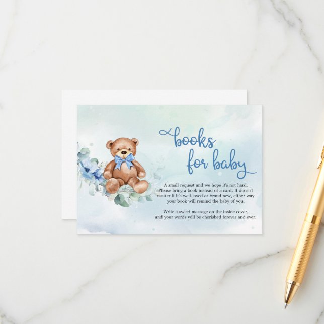 Teddy Bear and Blue Floral Boho Books For Baby Enclosure Card (Front/Back In Situ)