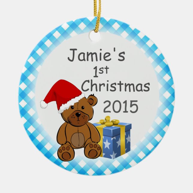 Teddy Bear and Blue Plaid Ceramic Ornament (Front)