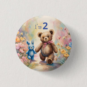 Teddy bear and Bunny In a Pastel Garden 1 Inch Round Button