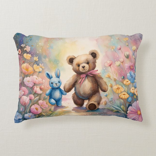 Teddy bear and Bunny In a Pastel Garden Accent Pillow (Front)
