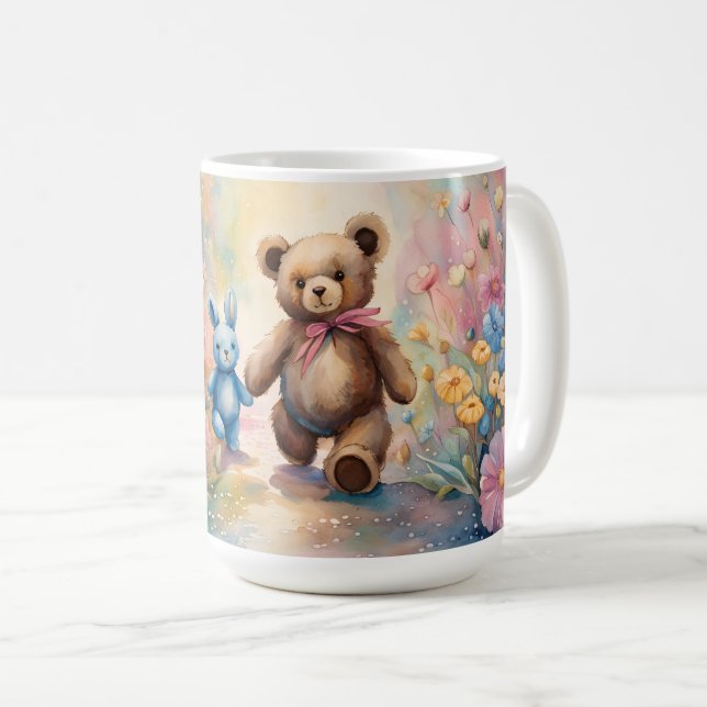 Teddy bear and Bunny In a Pastel Garden Coffee Mug (Front Right)