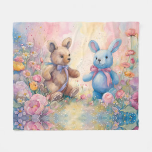 Teddy bear and Bunny In a Pastel Garden Fleece Blanket